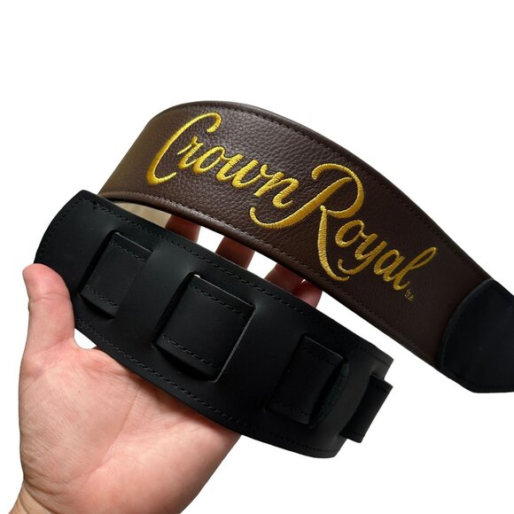 NEW Crown Royal Double Treble Brown Calfskin Leather Embroidered Guitar Strap - Picture 2 of 9